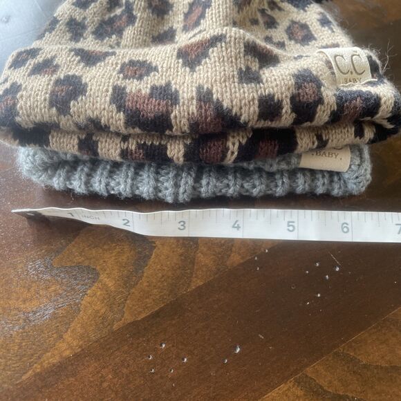 C. C Baby Pom Pom Beenie Hats Leopard Print And Solid Grey - Picture 11 of 12